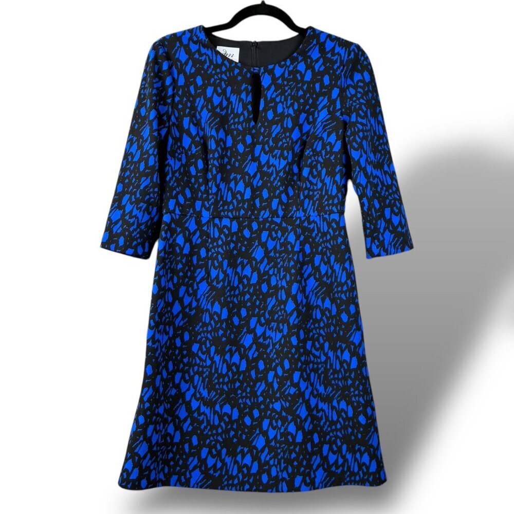 Dm Collection Dress Womens Sz 8P Blue/Black Abstract 3/4 Sleeve Peep Neck Midi